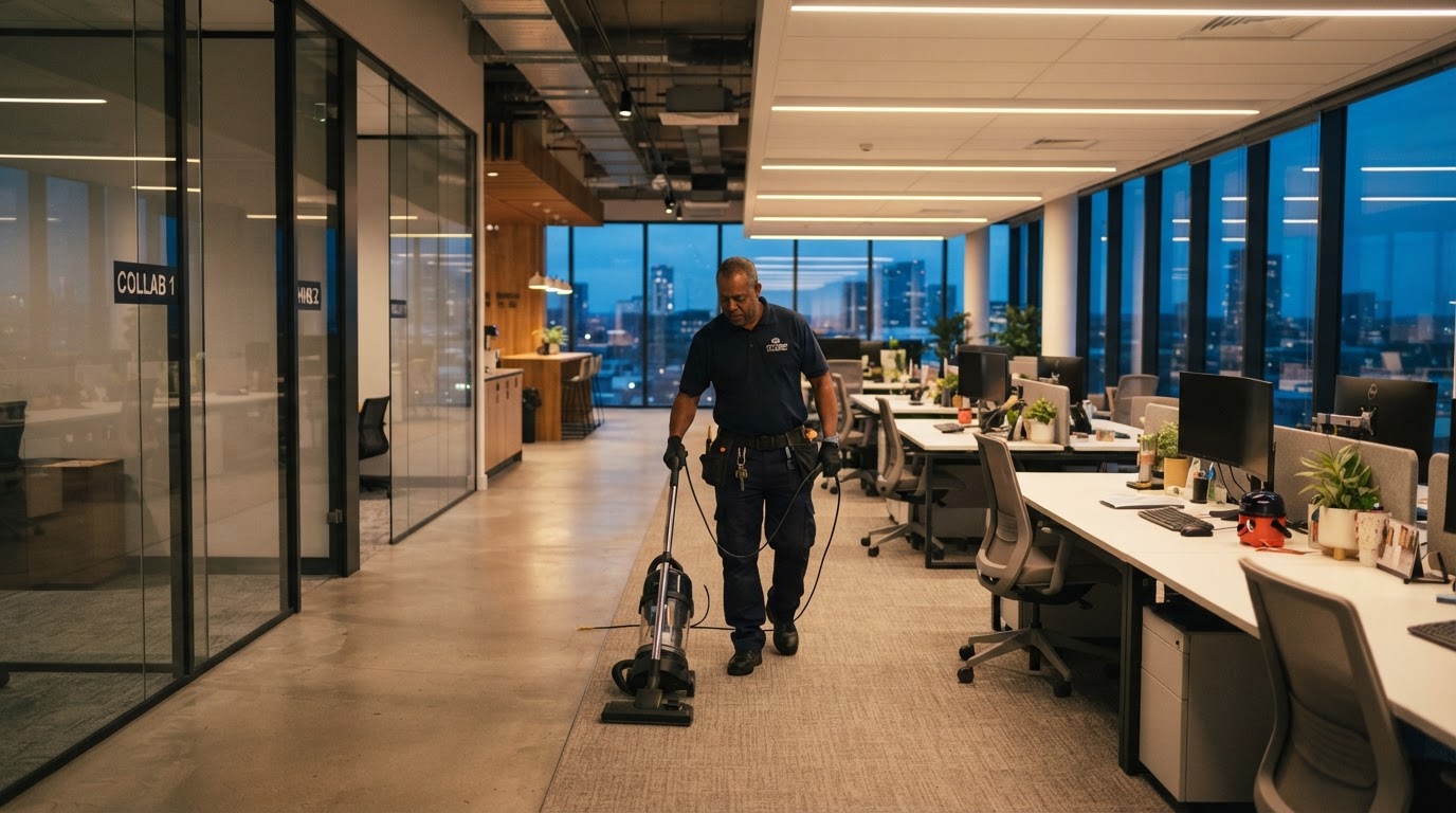 Cleaning professional working in a modern office
