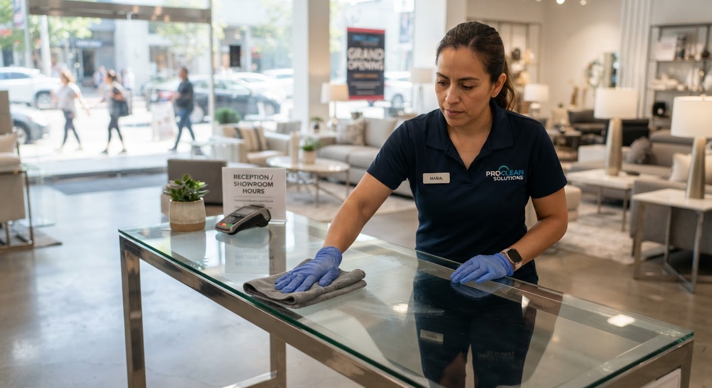 Cleaning professional wiping a reception desk