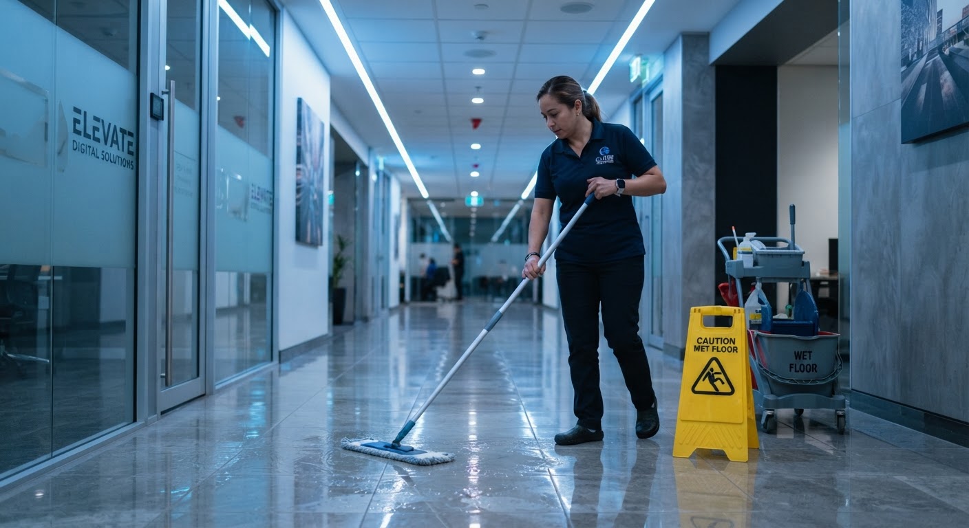 Cleaning professional mopping a commercial hallway