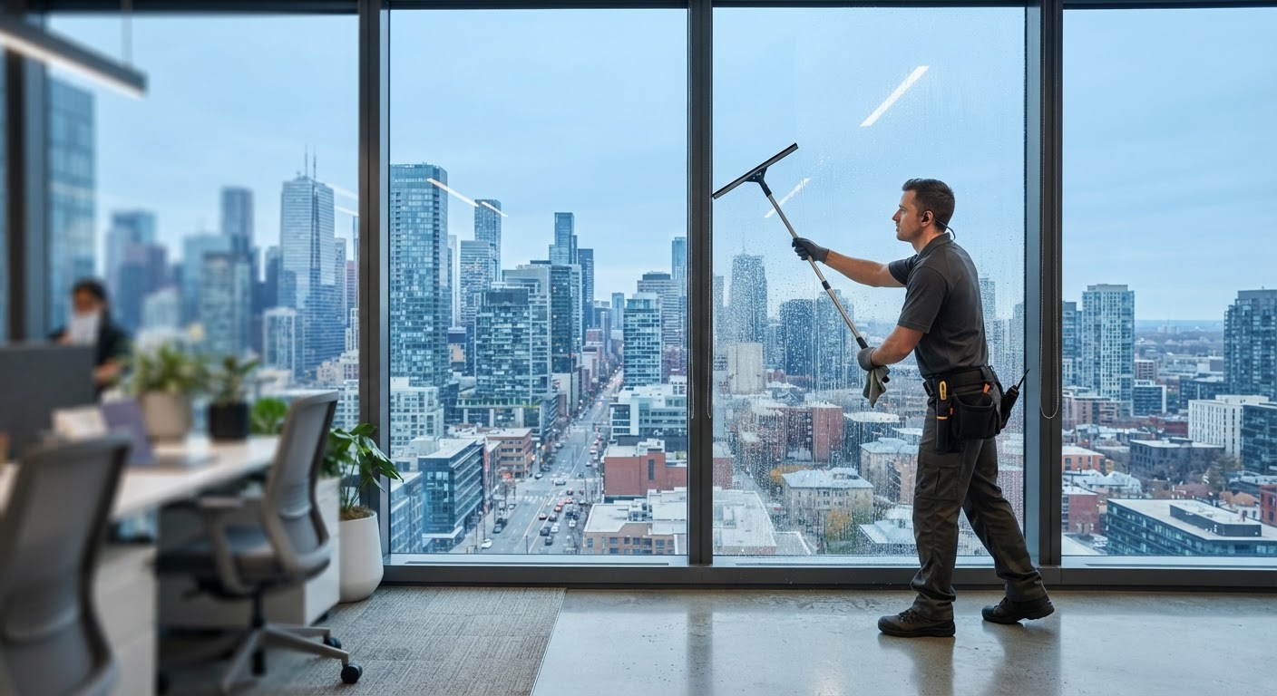 Cleaner squeegeeing an interior office window