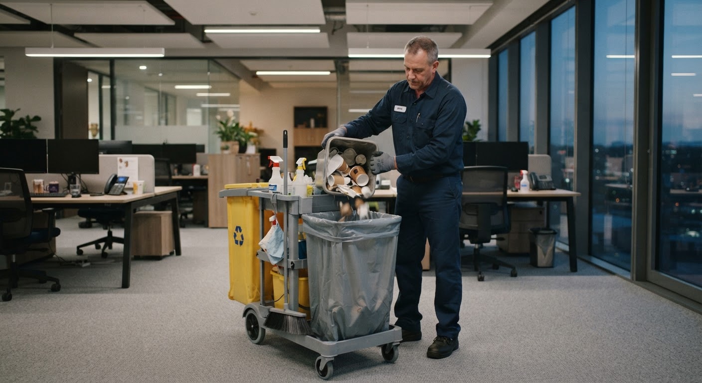 Janitor emptying an office trash bin