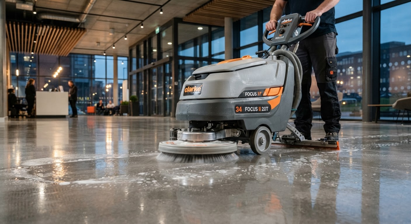 Floor machine polishing a glossy lobby floor